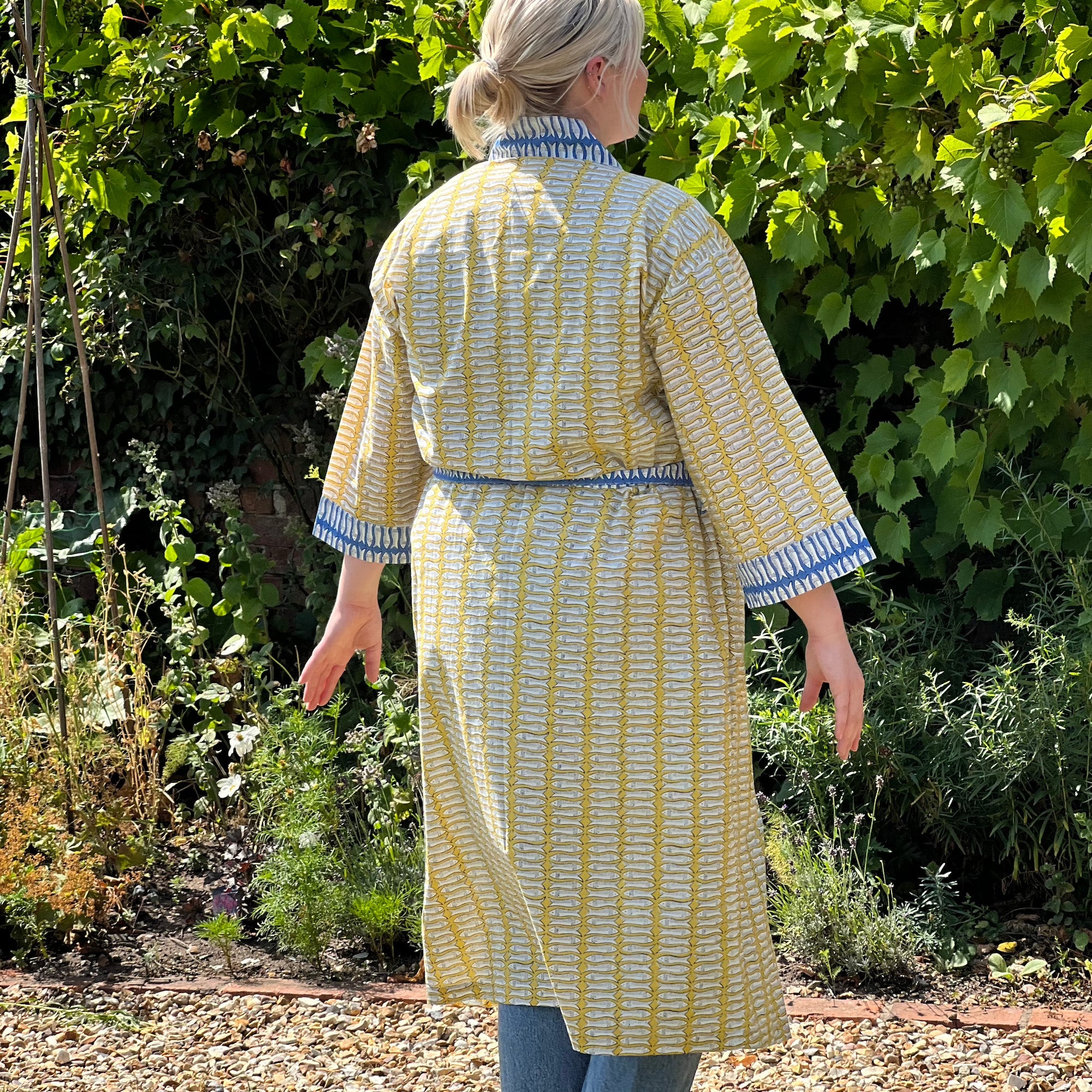 Ochre and Blue Fish Cotton Full Length Kimono