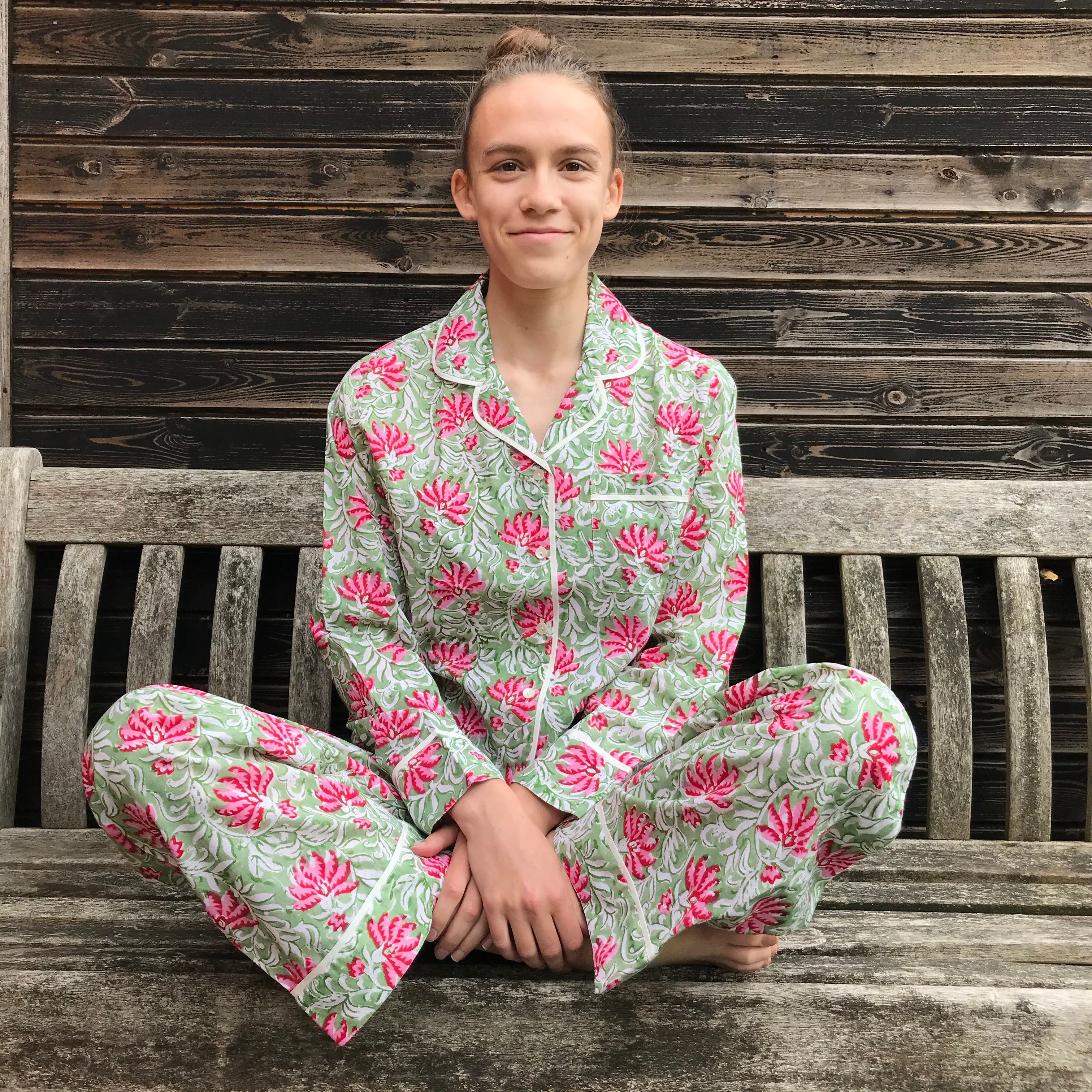 floral pink and green cotton pyjamas
