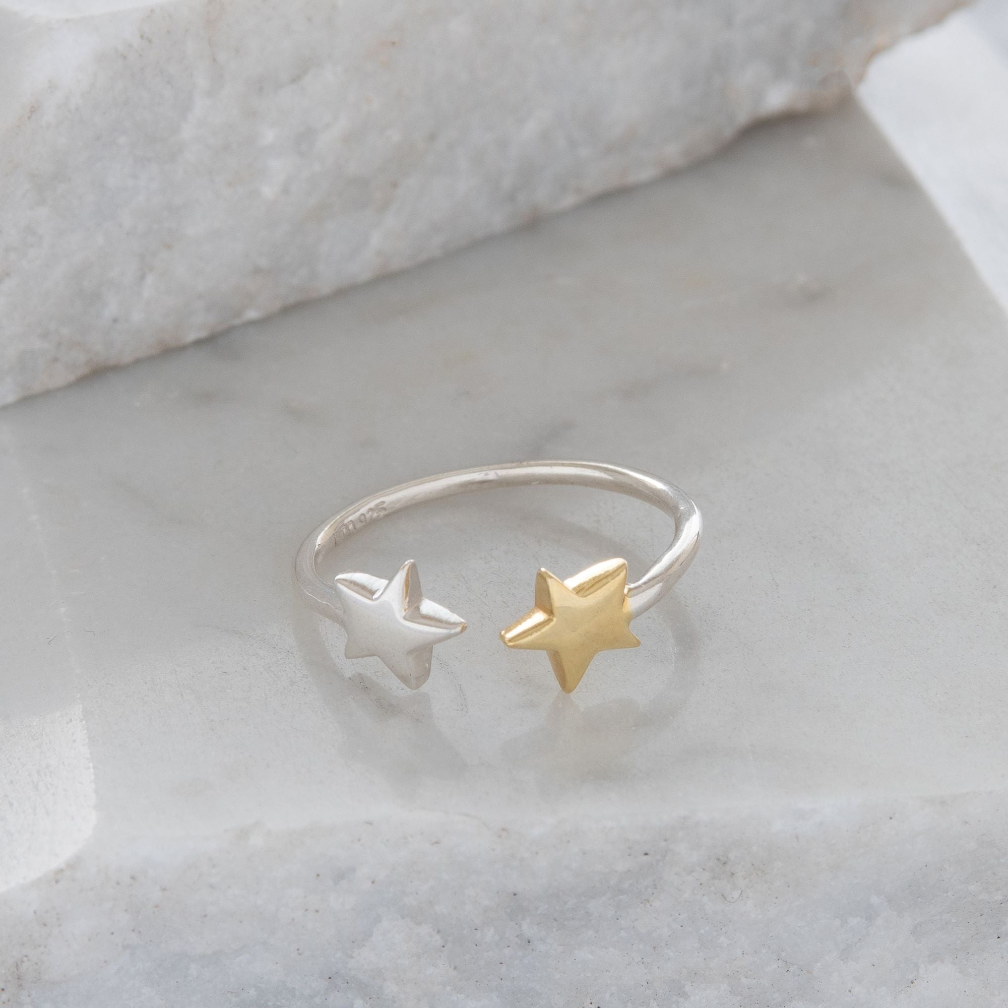 Adjustable Double Star Charm Ring Sterling Silver and Gold Vermeil