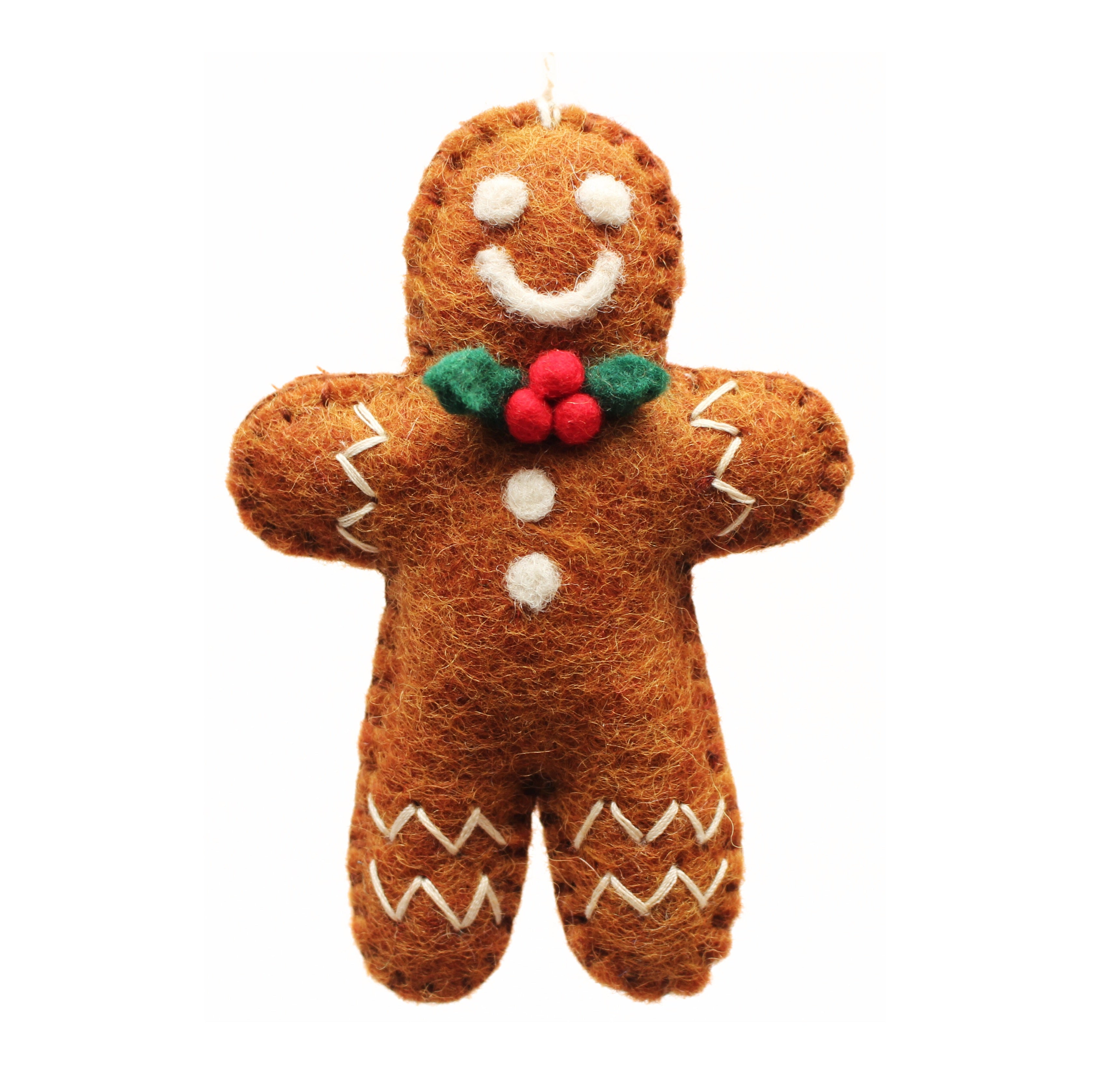 Felt gingerbread man ornament with a white background