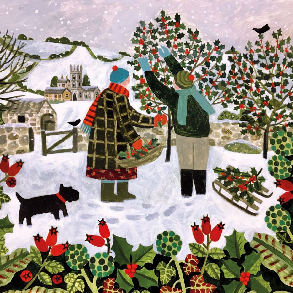 Illustration of two people in a snowy garden with holly and berries, a dog, and a house in the background.
