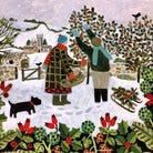 Illustration of two people in a snowy garden with holly and berries, a dog, and a house in the background.