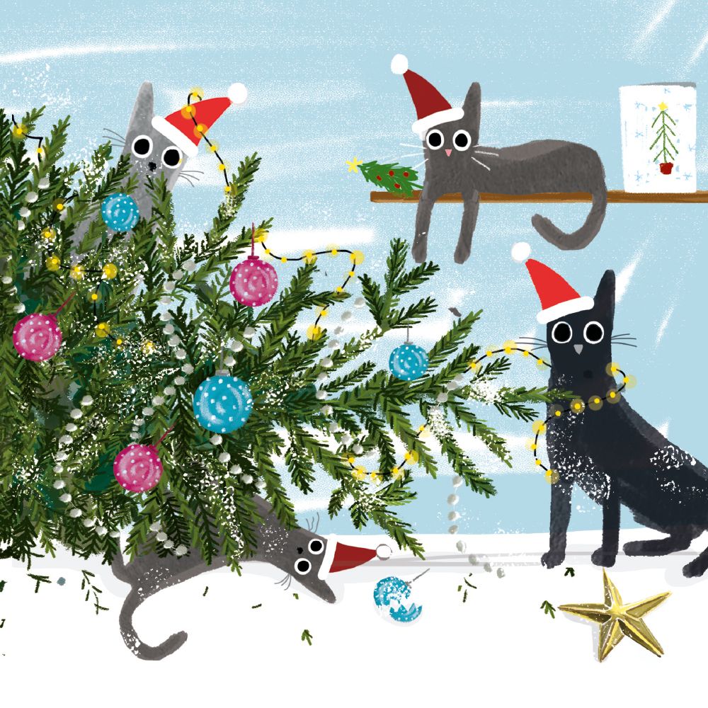 A whimsical holiday illustration of four cats dressed in Santa hats around a Christmas tree with colorful ornaments, set against a snowy light blue background.
