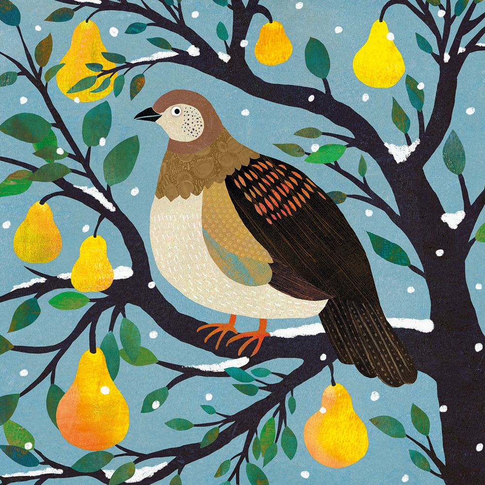 A stylized illustration of a bird perched on a tree branch with pears and snow, rendered in earthy tones against a light blue background.