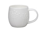 White ceramic mug with subtle embossed design on a gray background