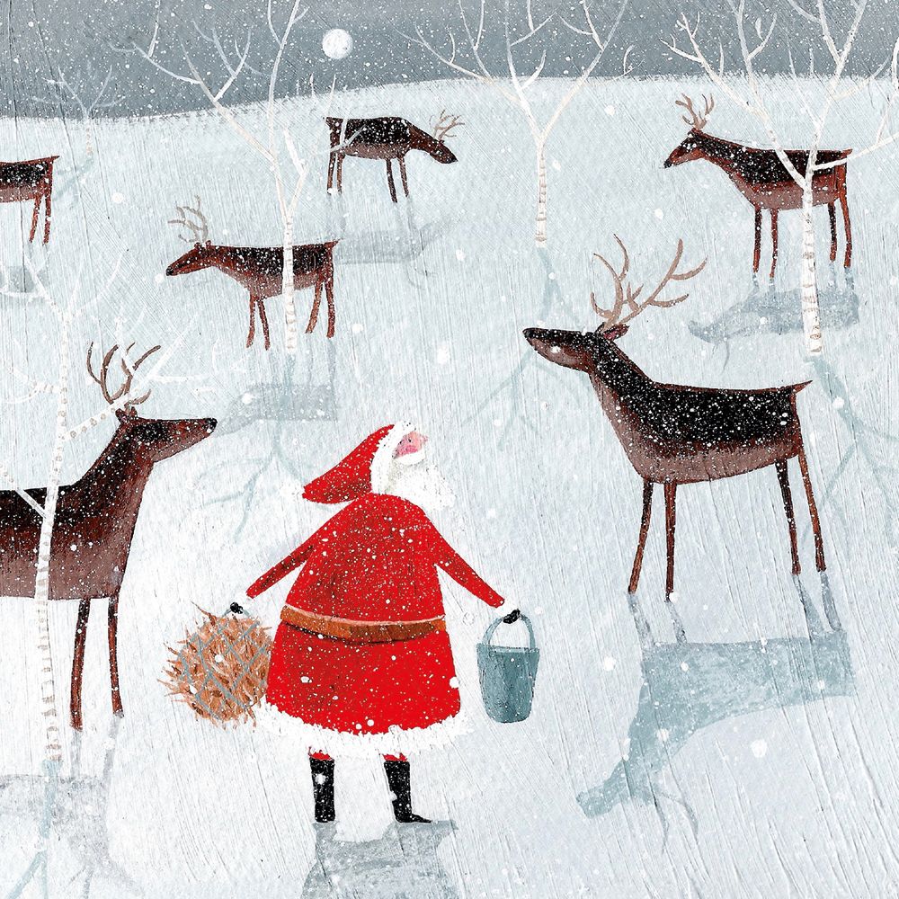 santa feeding reindeer in the snow on a christmas card 