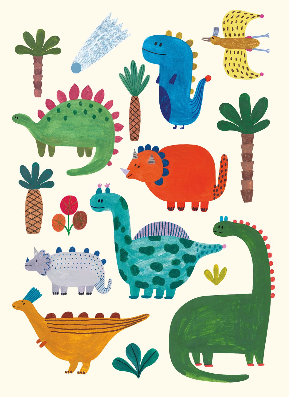 Illustrations of colorful dinosaurs and plants on a white background