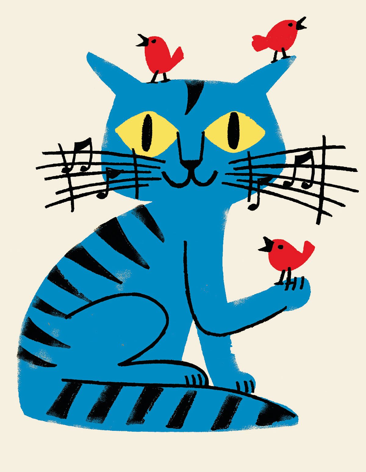 Illustration of a blue cat with yellow eyes and red birds on a beige background