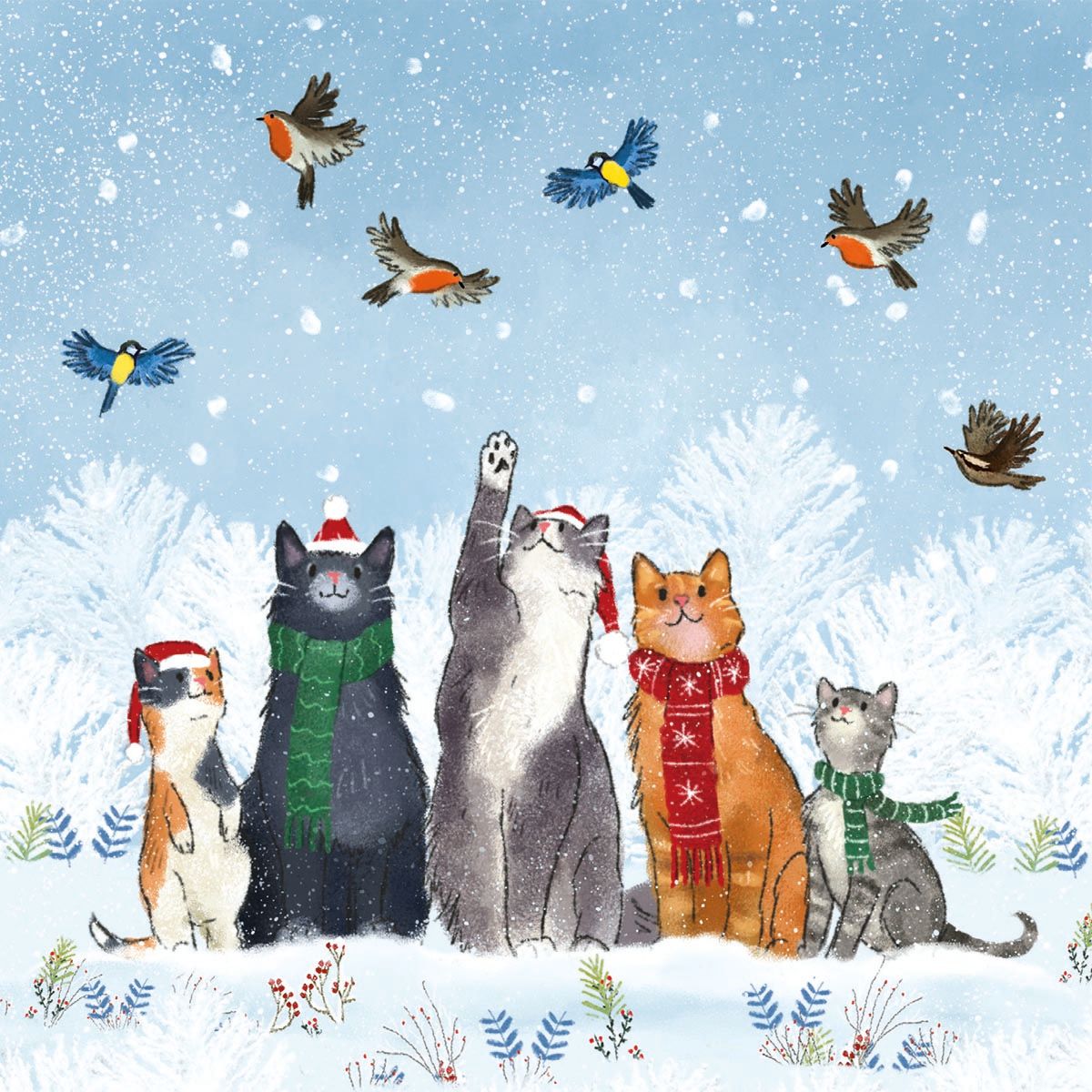 Illustration of cats and birds in a snowy scene with festive hats and scarves.