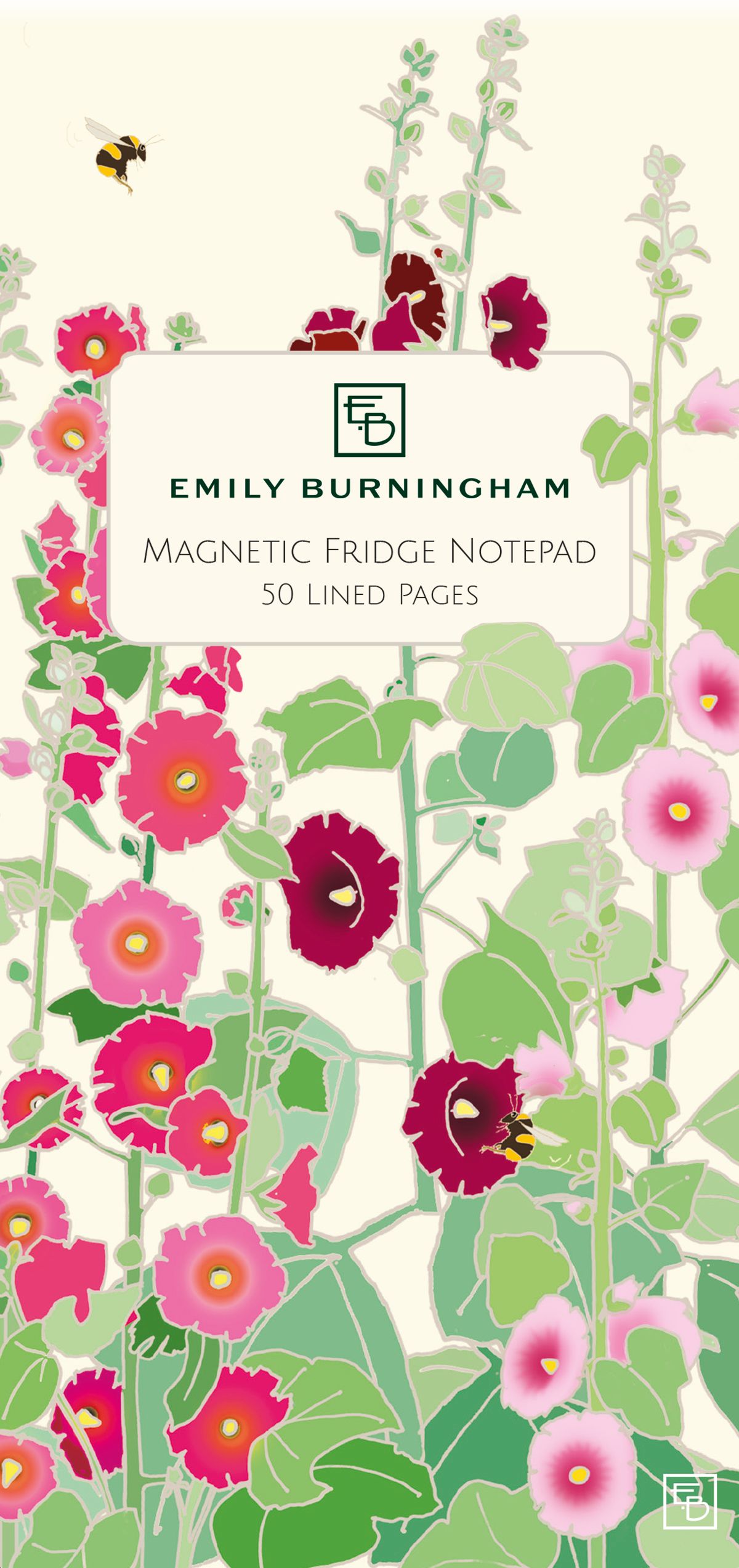 Magnetic fridge notepad with floral design and Emily Burningham branding