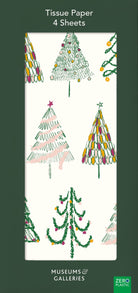 A pack of four tissue papers with a festive Christmas tree pattern, featuring green, pink, and yellow decorated trees on an off-white background, set against a dark green border with text reading 'Tissue Paper 4 Sheets' and 'Museums & Galleries'.