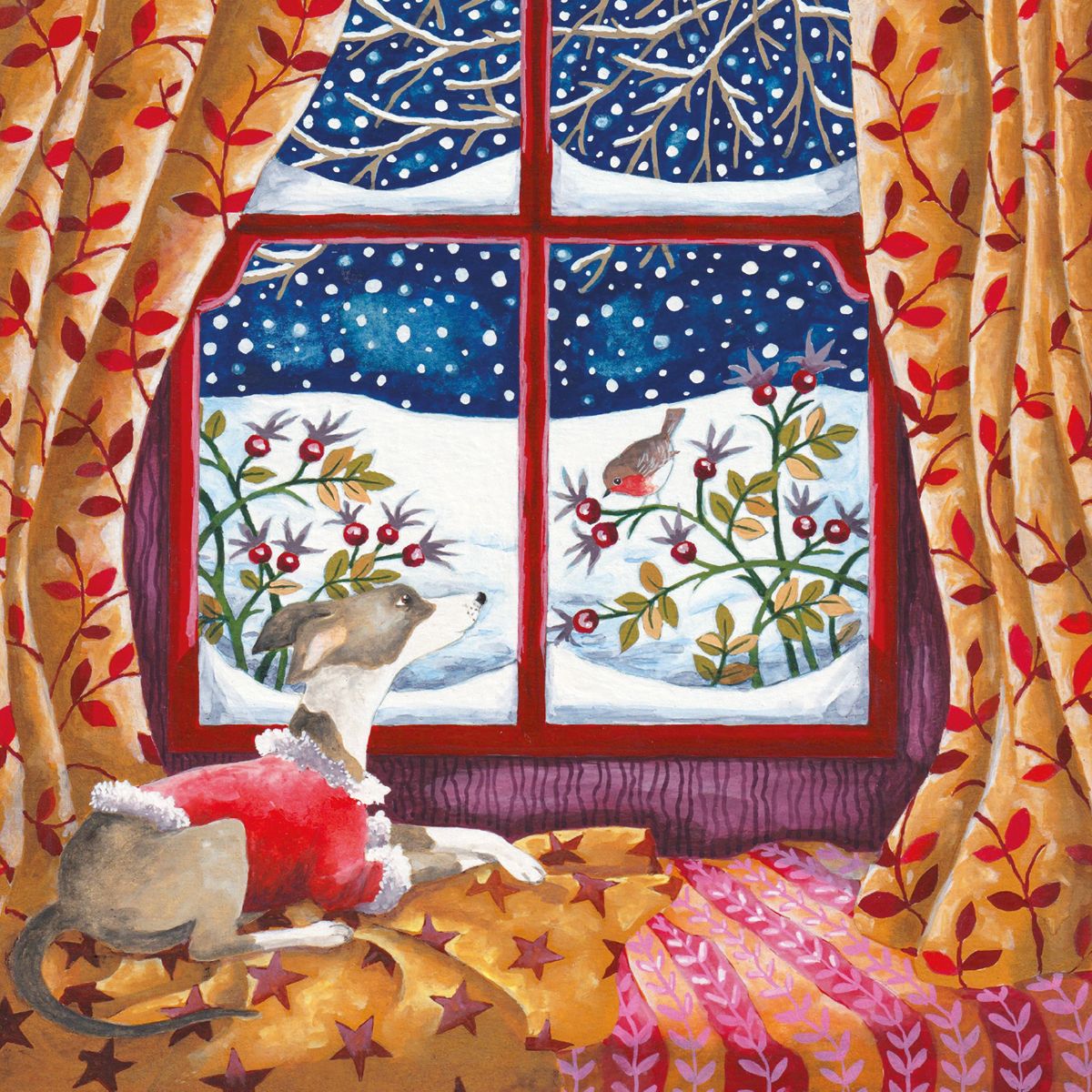 A whimsical winter window scene with a small dog in a red sweater lying on a patterned rug and looking out at snow, bare tree branches, red berries, and a robin bird. The scene is framed by patterned curtains in warm gold and red tones.