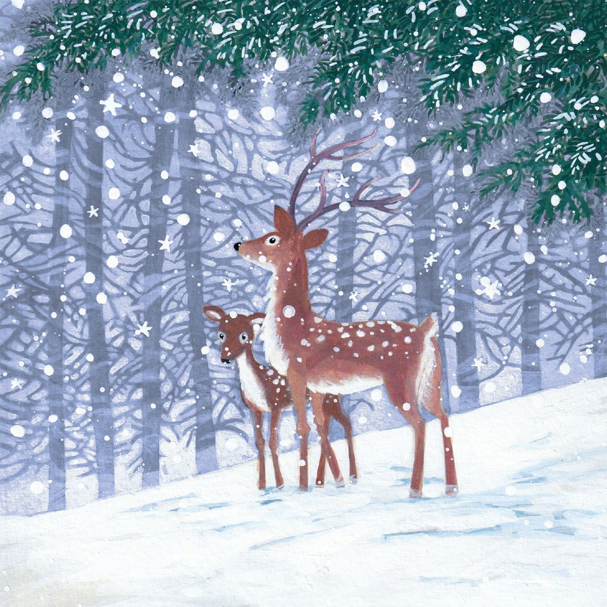 Two deer standing in a snowy forest with snowflakes falling.