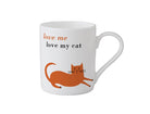 White mug with an orange cat illustration and text 'love me love my cat' on a white background