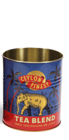 Blue Ceylon Finest tea blend tins with elephant and palm tree design on a white background.