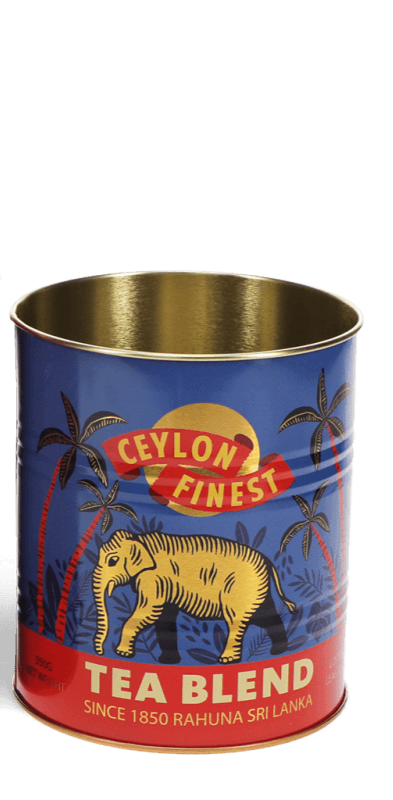 Blue Ceylon Finest tea blend tins with elephant and palm tree design on a white background.