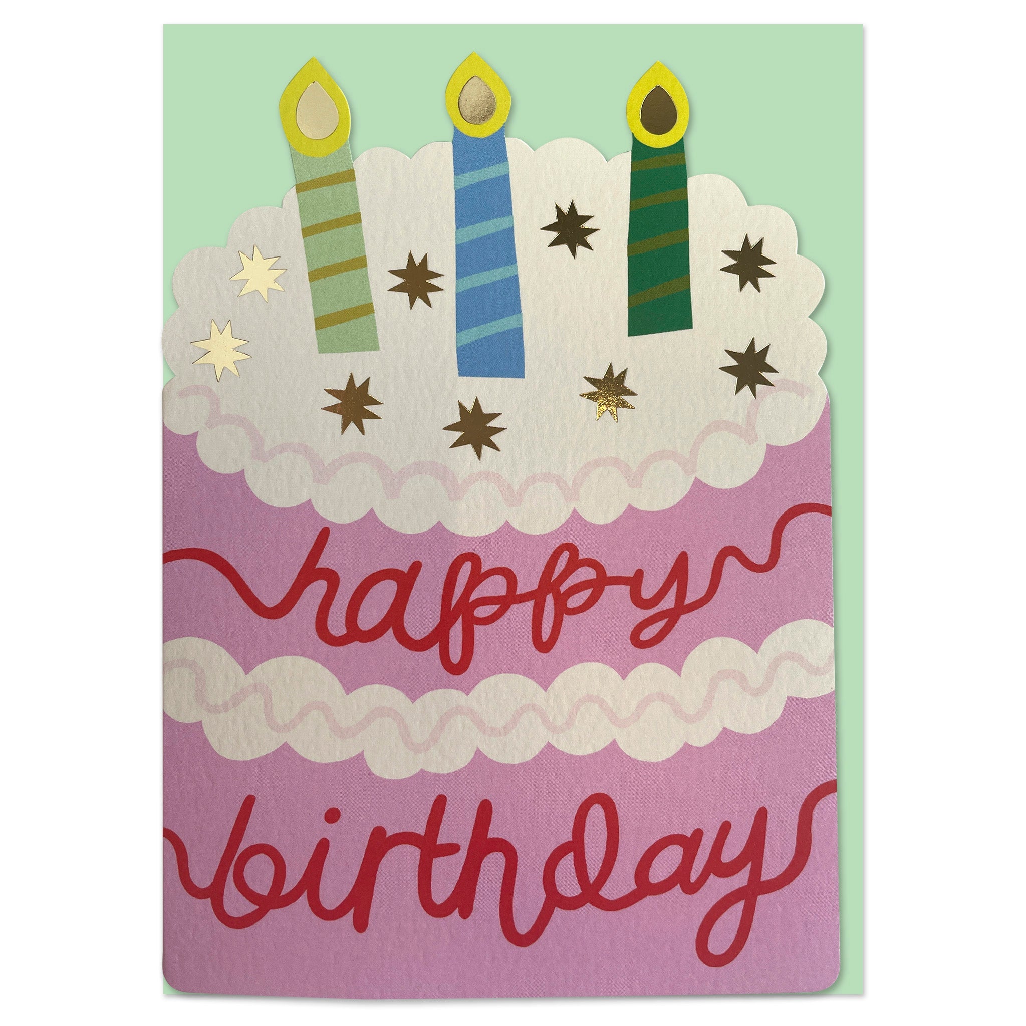 Birthday card with cake design and candles on a light green background