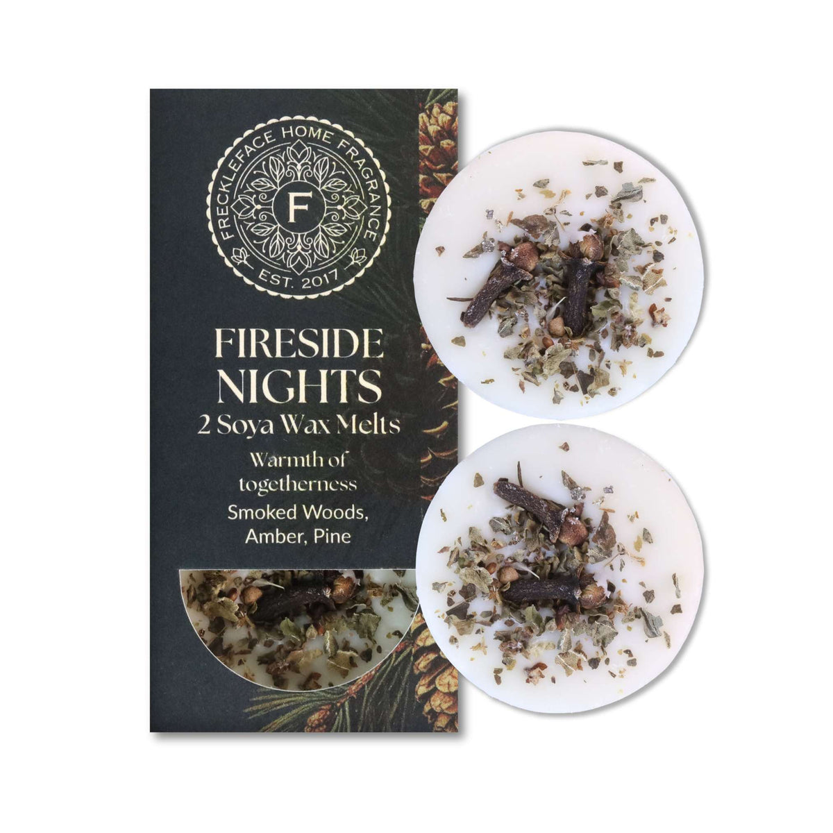 Fireside Nights soya wax melts with packaging on a white background