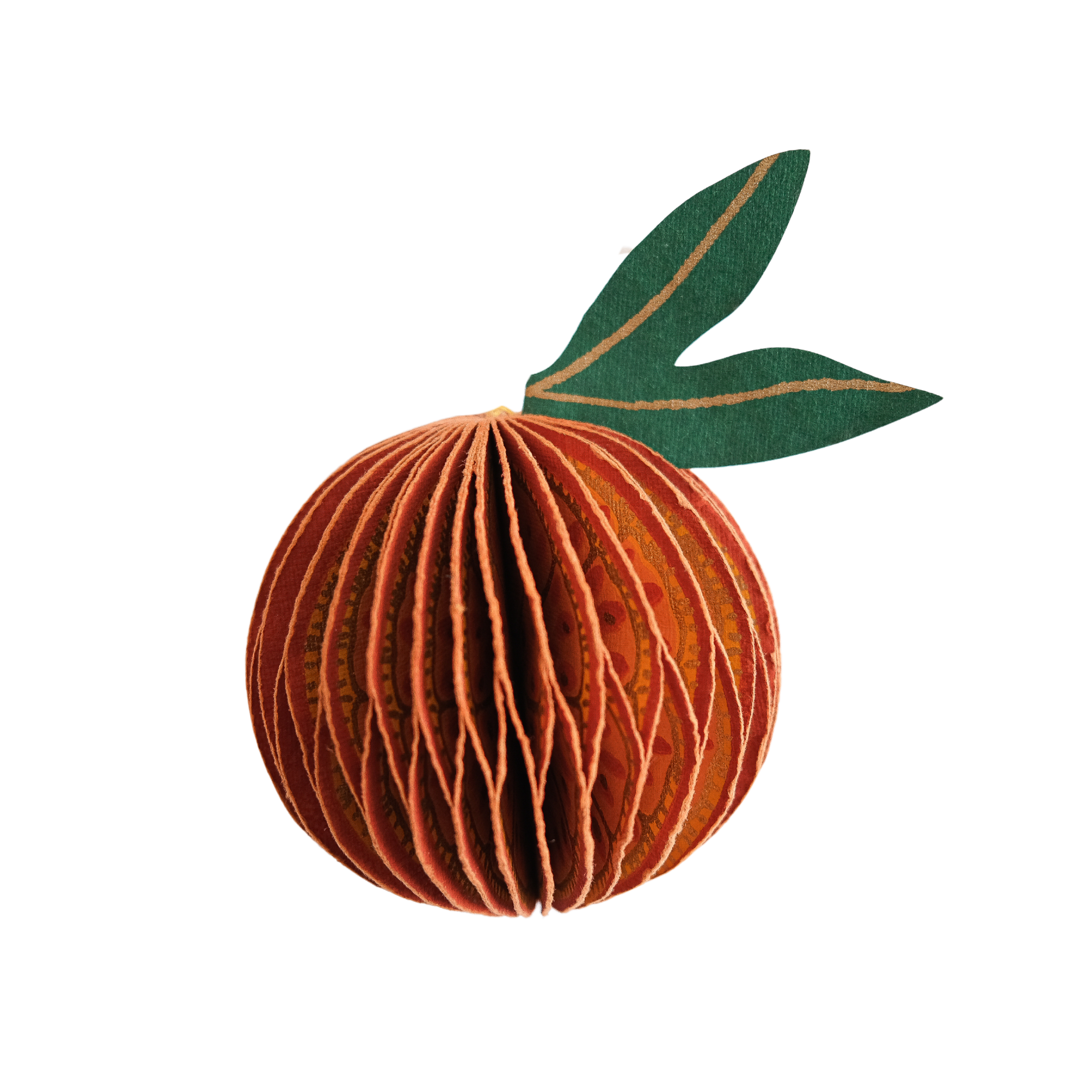 3D paper craft of a peach with green leaf on a white background