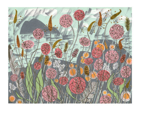 Decorative card with pink floral design on a multicolored background