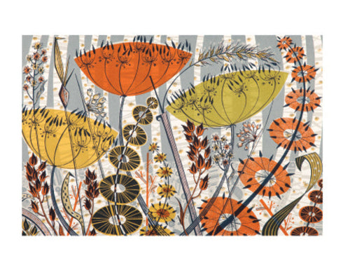 Patterned fabric with orange, yellow, and black floral design on a white background