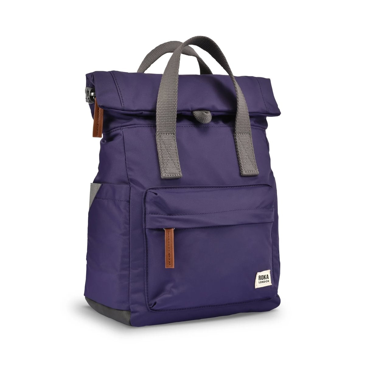 Purple backpack with grey straps on a white background