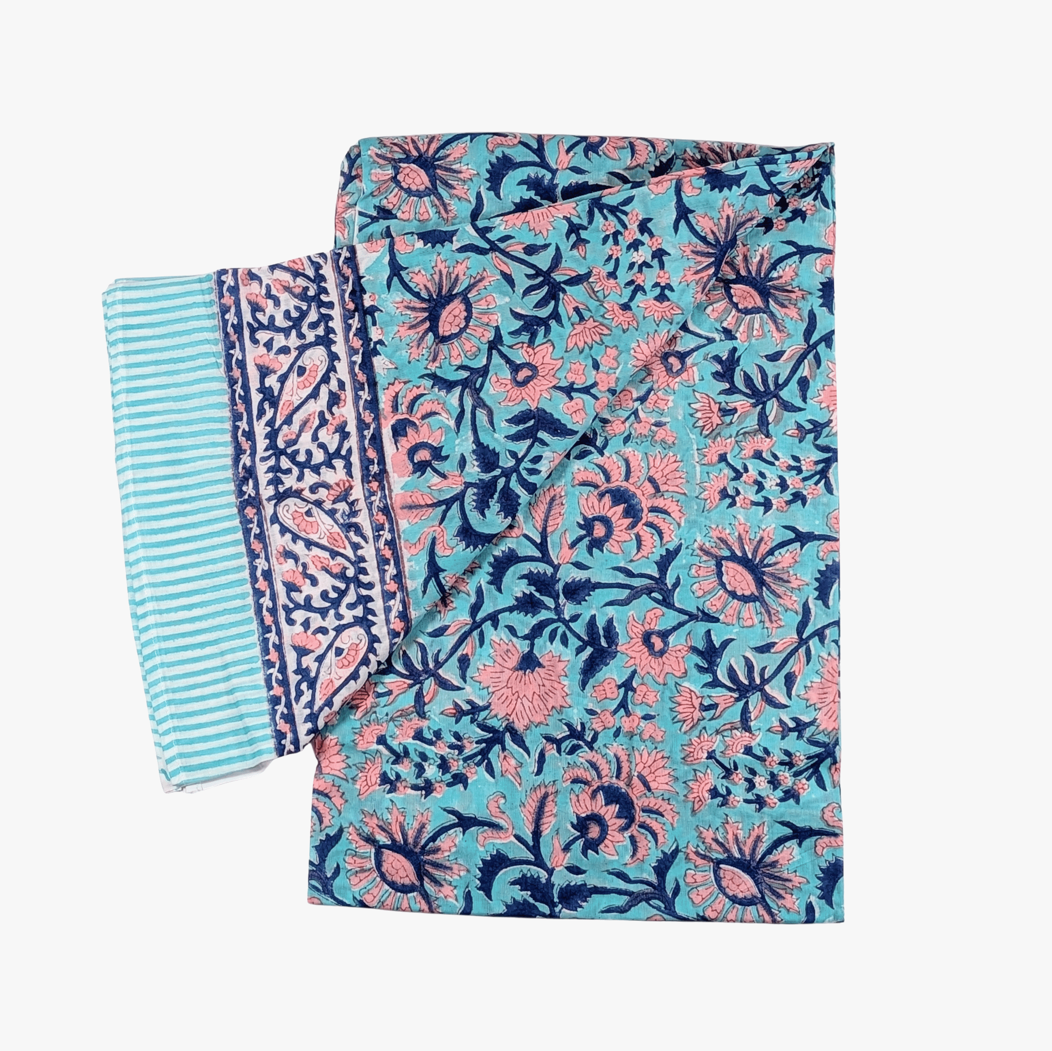 Folded scarf with floral and striped designs on a white background