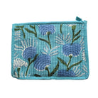 Teal fabric pouch with floral pattern on a white background