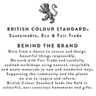 British Colour Standard branding with text about sustainability, eco-friendliness, and fair trade practices.