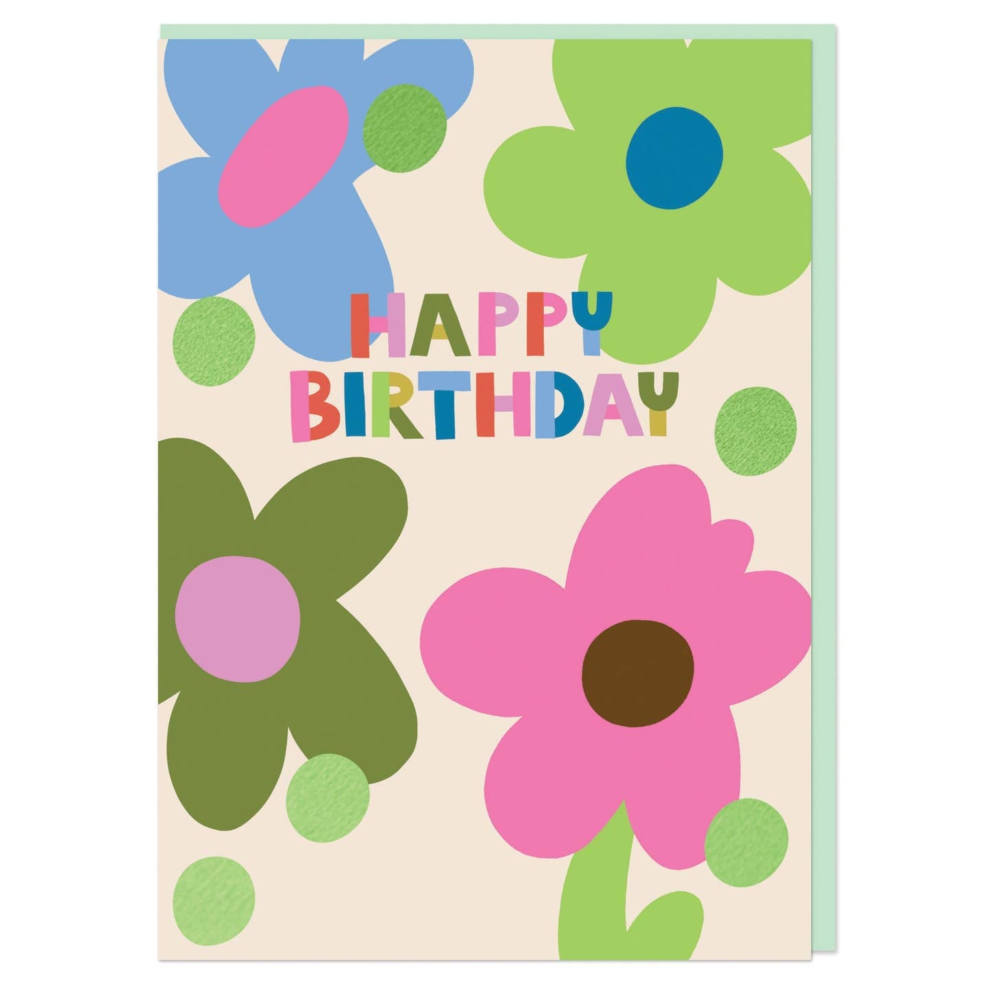 Birthday card featuring large floral design in pinks, greens and blues. 