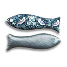 Two fish-shaped cotton lavender bags, one with a floral pattern and the other plain gray, on a white background.