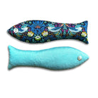 Two fish-shaped scented sachets, one with a colorful floral pattern and the other solid turquoise, on a white background.
