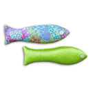 Two fish-shaped sachets - one floral and one green, on a white background