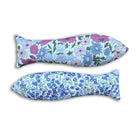 Two floral-patterned fish shaped lavender sachets on a white background