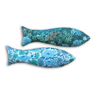 Two fish-shaped sachets with green floral patterns on a white background