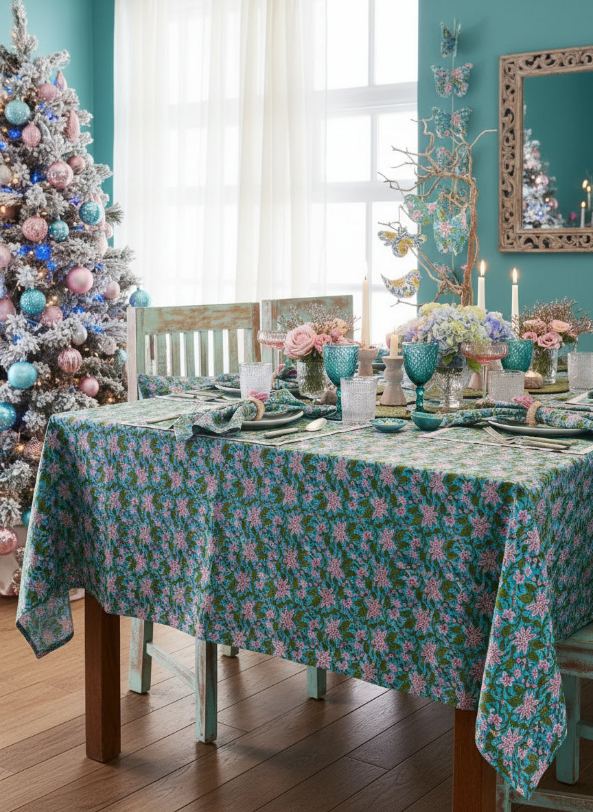 Dining room with a floral tablecloth, chairs, and decorative elements.