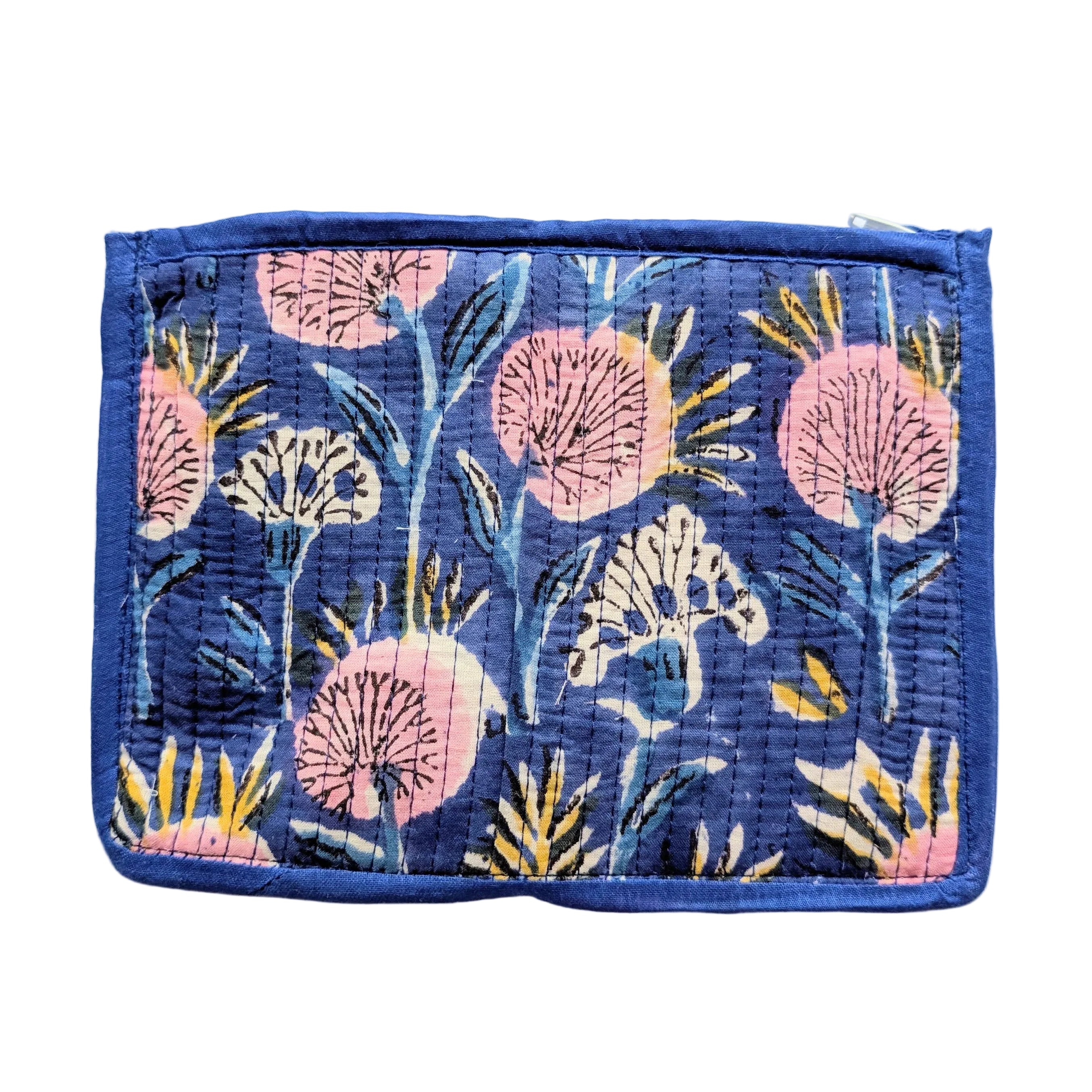 Floral patterned pouch with pink flowers on a blue background