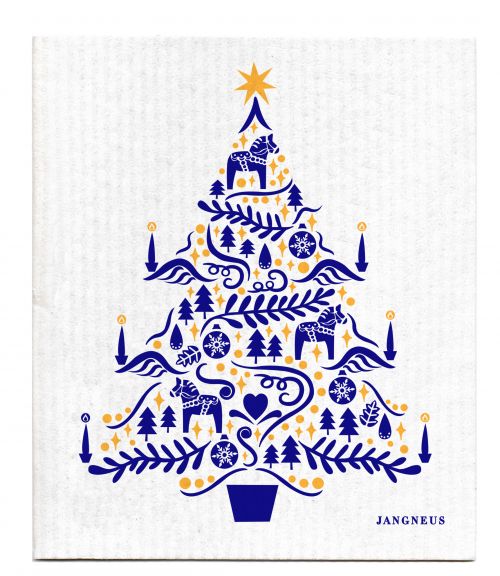 Decorative towel with a blue Christmas tree design featuring Dala horses and trees on a white background, branded 'Jangneus'.