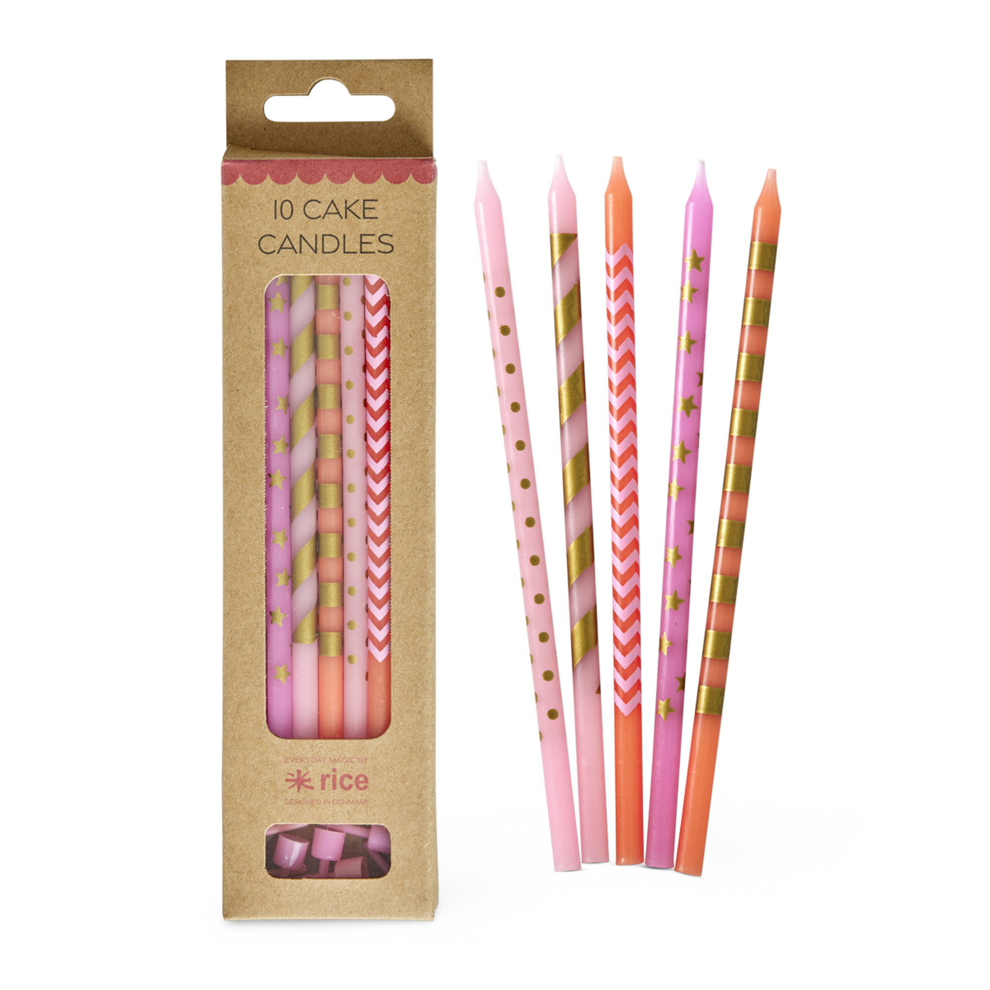 Pack of cake candles with decorative patterns and 'rice' branding on a white background
