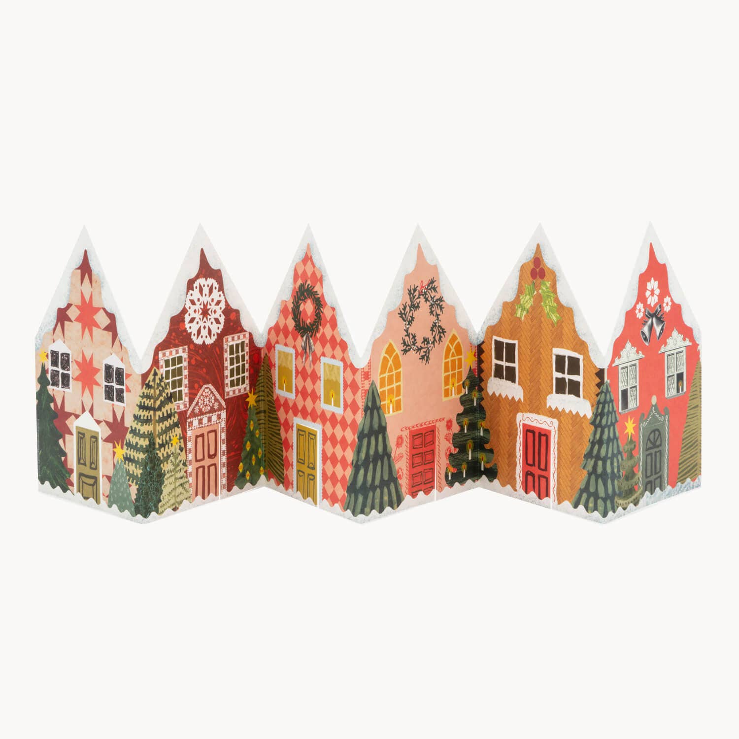 A concertina card made up of six colourful Christmas houses arranged in a row against a plain white background.