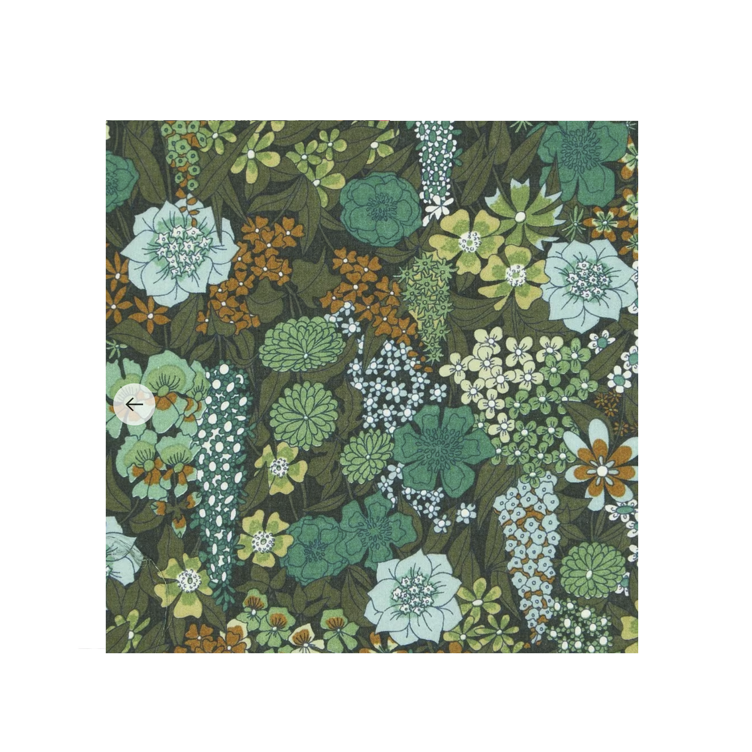 Floral patterned fabric swatch with green, brown, and white colours on a dark background