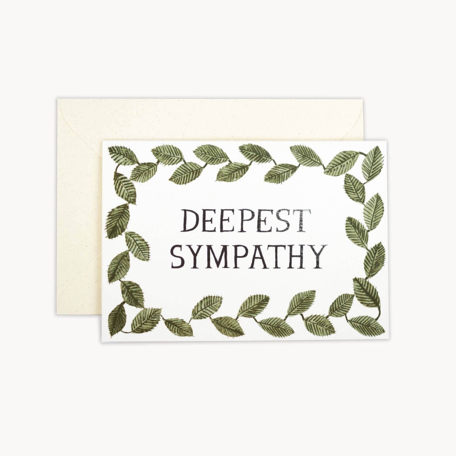 Greeting card with 'Deepest Sympathy' text and leaf design on a white background