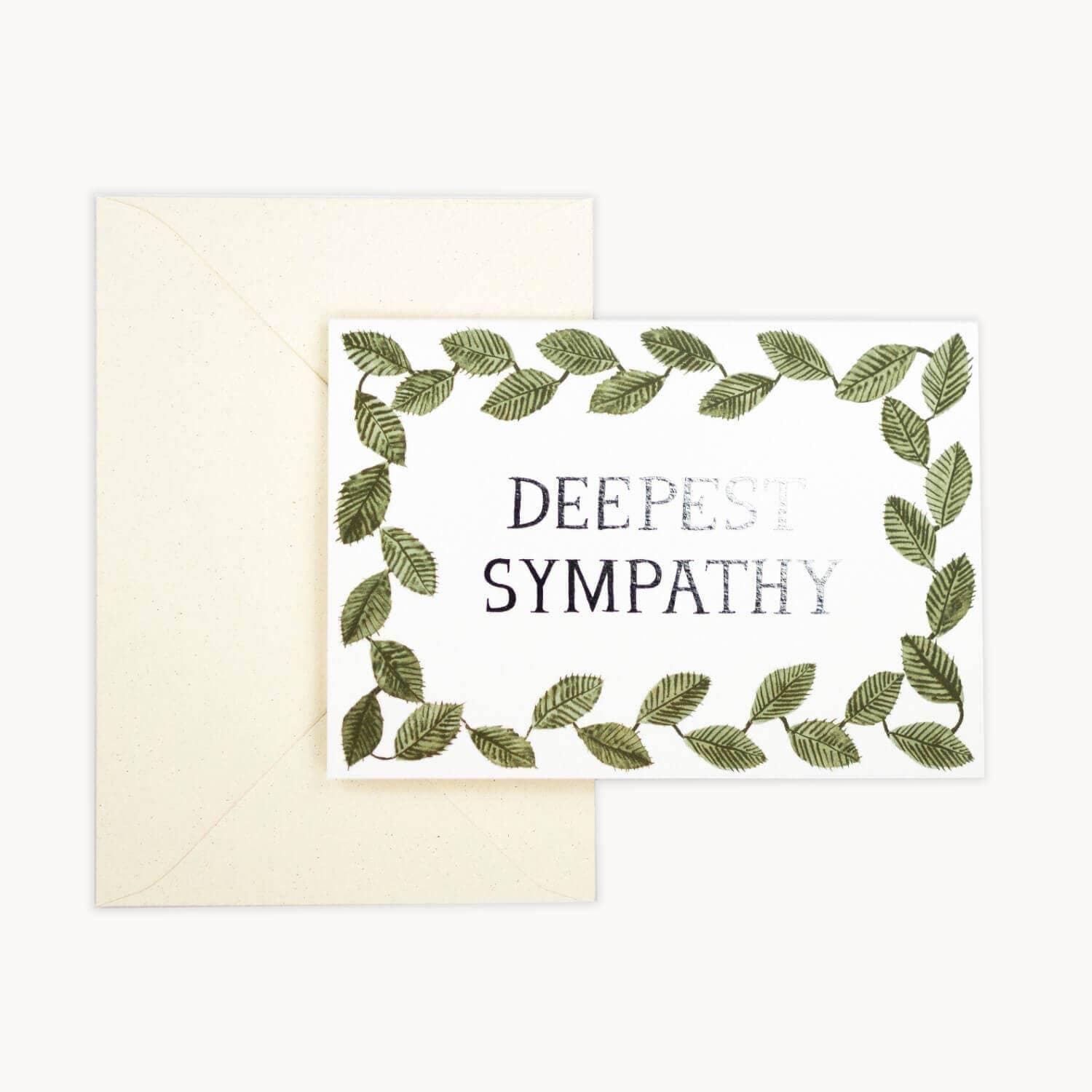 Greeting card with 'Deepest Sympathy' text and leaf design on a white background