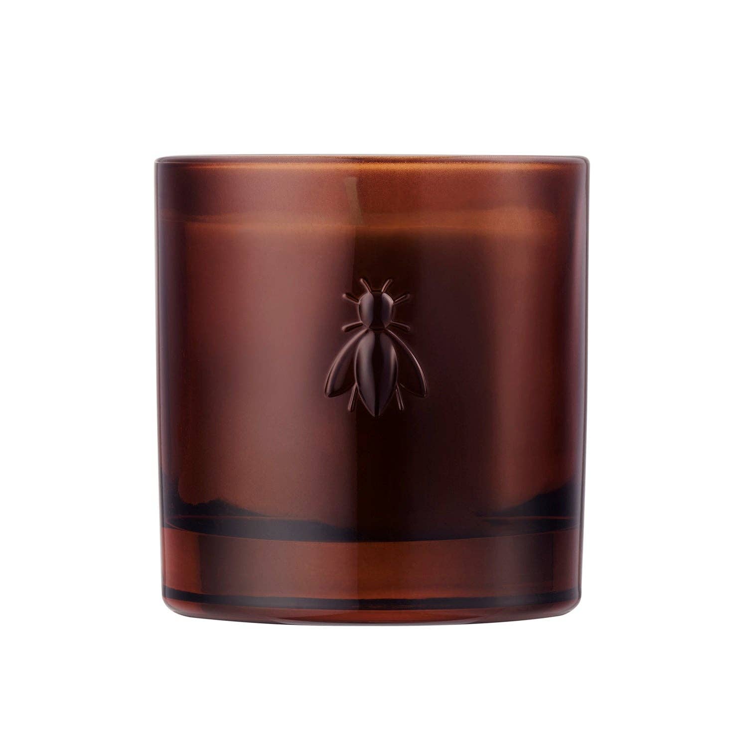 Brown glass candle with a bee emblem on a white background