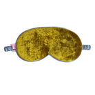 A velvet sleep mask in a mustard yellow color with a blue-gray satin trim and adjustable elastic straps, shown against a plain white background.