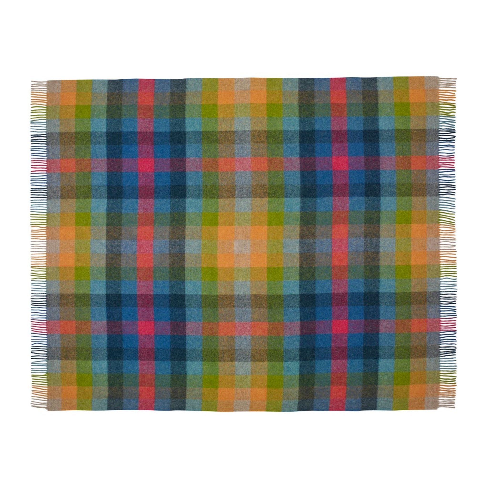 Multicolored checked throw on a white background