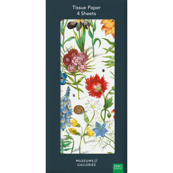 Tissue paper packaging with floral design and 'Museums & Galleries' branding.