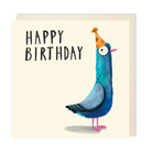 Square birthday card featuring an illustrated pigeon wearing a yellow party hat. Text reads, ‘HAPPY BIRTHDAY’.