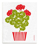 White dishcloth featuring a red and green geranium design and Jangneus branding