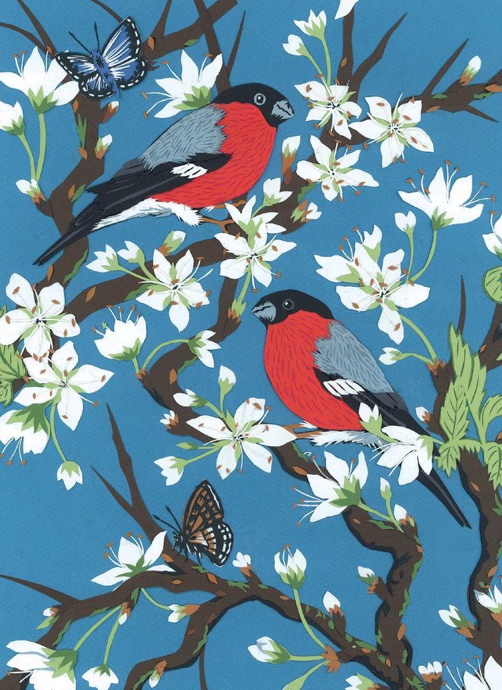 Greetings Card: Bullfinches on Blossom
